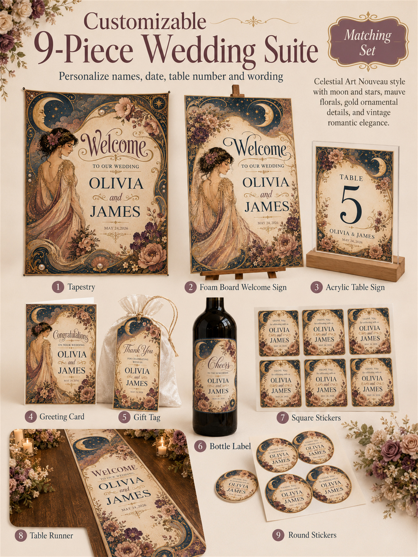 Celestial retro wedding decorations - moon and star Gothic romantic floral designs Navy blue, gold and Burgundy - custom names and dates